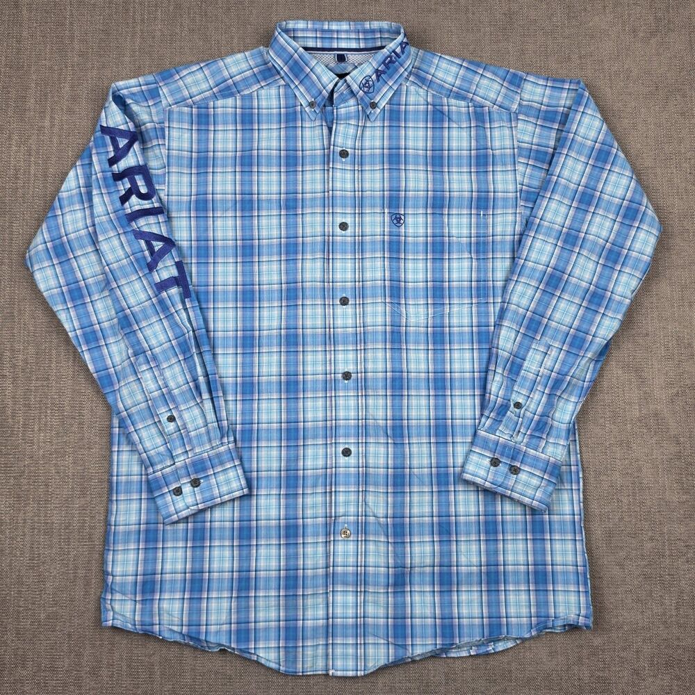 Ariat Pro Series Mens Medium Blue Plaid Sleeve Logo Button Down Western Shirt